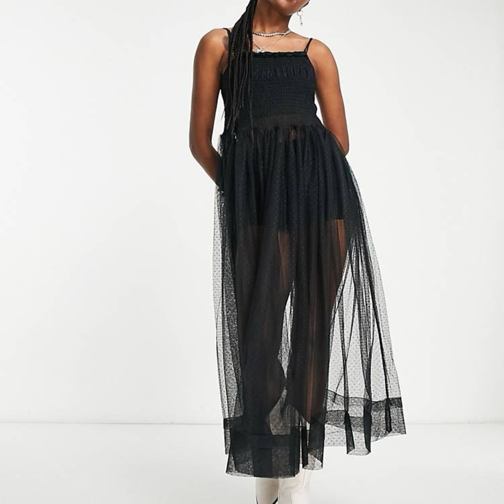 Free People Black Sheer Dotted Tulle Midi Dress